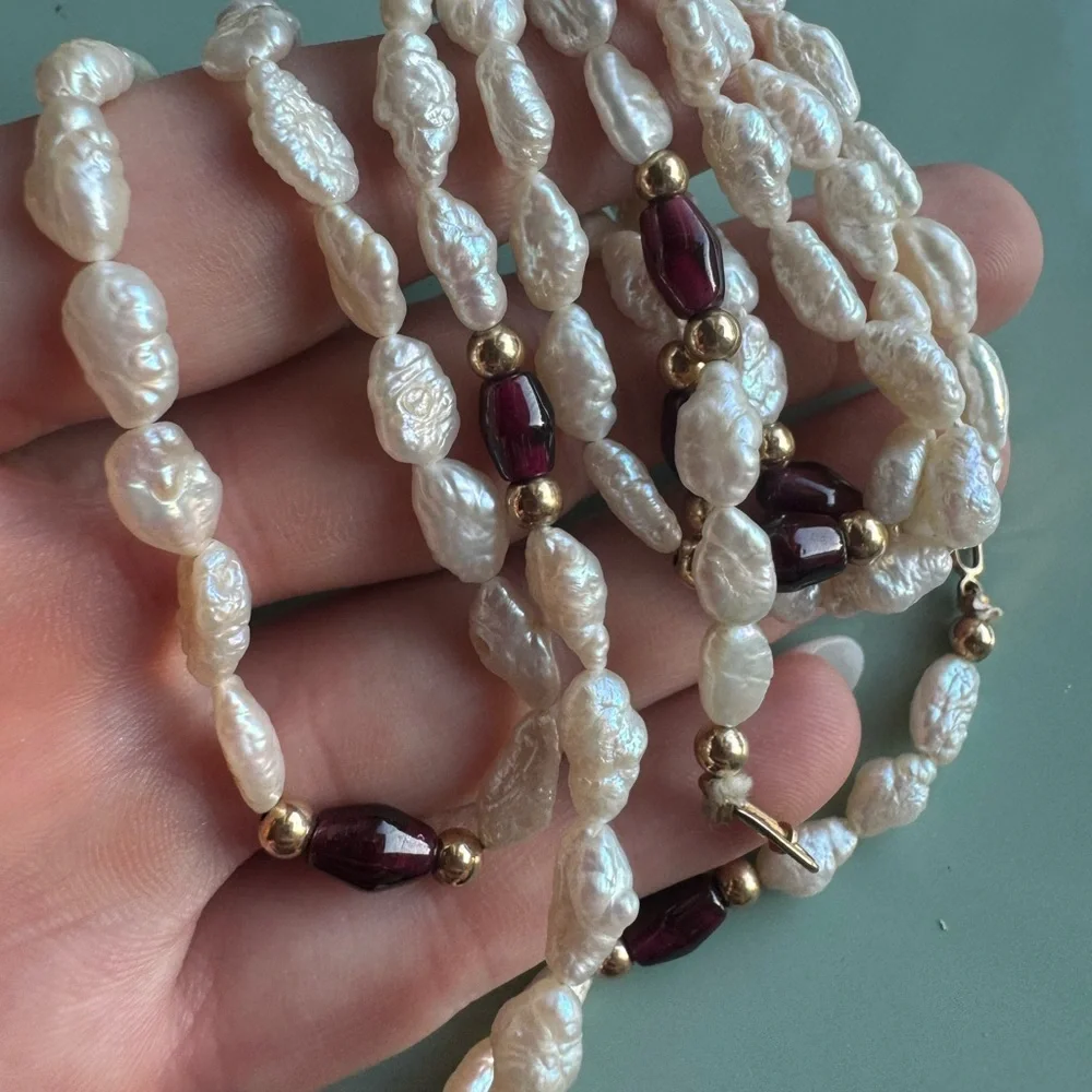 14k gold filled natural seed pearls and garnet long necklace - Picture 7 of 10